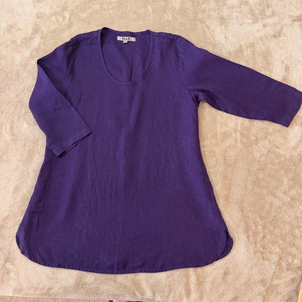 FLAX 100% Linen Tunic Top Womens S Purple Scoop Neck 3/4 Sleeve Lagenlook Boho